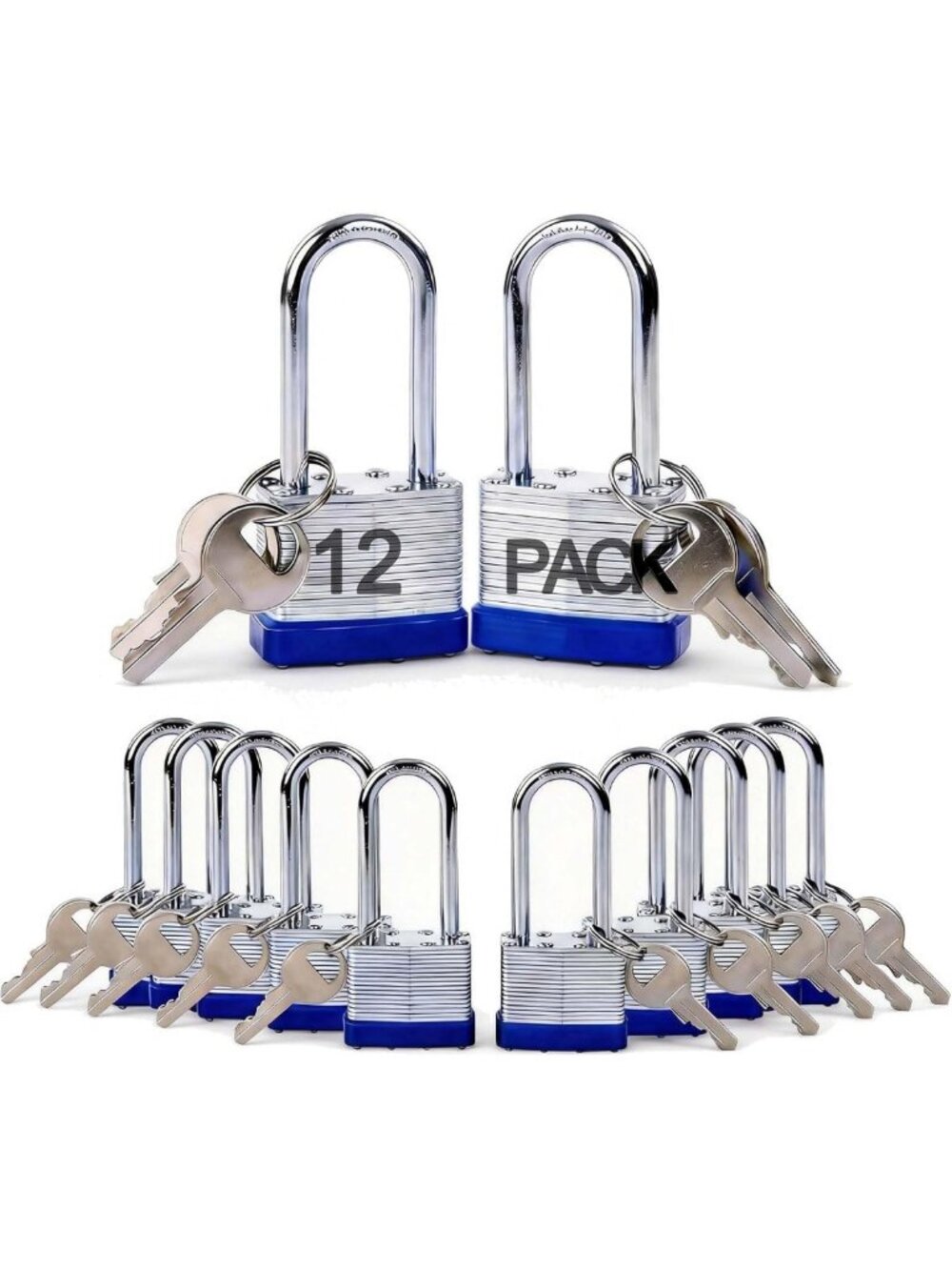 Heavy Duty Outdoor Padlock - Keyed-Alike, Extra Long Shackle, 12 Pack, Secure